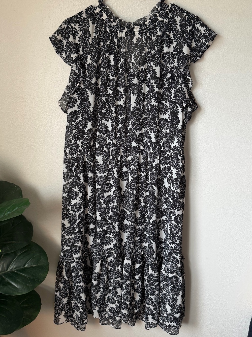 Ann Taylor Sheer Black & White Floral Midi Dress - Classic Women's Dress XL